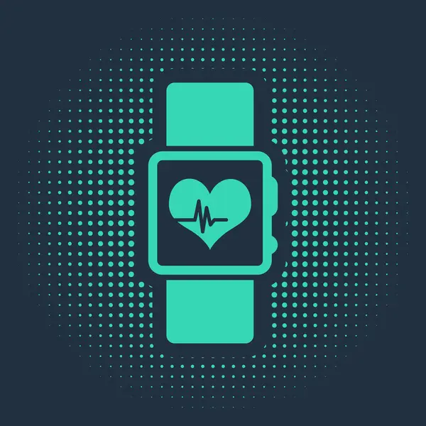 Grüne Smartwatch mit Herzfrequenzsymbol auf blauem Hintergrund. Fitness App-Konzept. abstrakte Kreis zufällige Punkte. Vektorillustration — Stockvektor