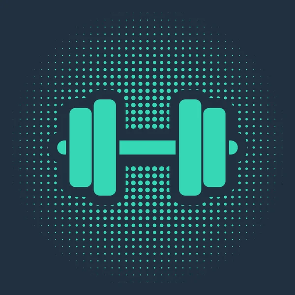 Icono de la mancuerna verde aislado sobre fondo azul. Icono de levantamiento muscular, barra de fitness, icono de gimnasio, símbolo de equipo deportivo, bumbbell ejercicio. Puntos aleatorios de círculo abstracto. Ilustración vectorial — Vector de stock