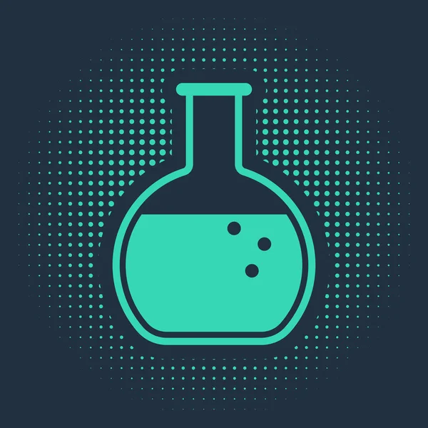 Groene reageerbuis en -kolf - pictogram van de chemische laboratoriumtest geïsoleerd op blauwe achtergrond. Abstracte cirkel willekeurige stippen. Vector Illustratie — Stockvector