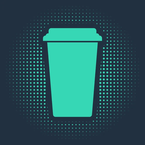 Icono de taza de café verde aislado sobre fondo azul. taza de café desechable con café caliente. Puntos aleatorios de círculo abstracto. Ilustración vectorial — Archivo Imágenes Vectoriales