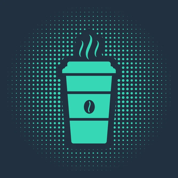 Значок чашки зеленого кофе выделен на синем фоне. Одноразовая чашка кофе с горячим кофе. Абстрактные круговые случайные точки. Векторная миграция — стоковый вектор