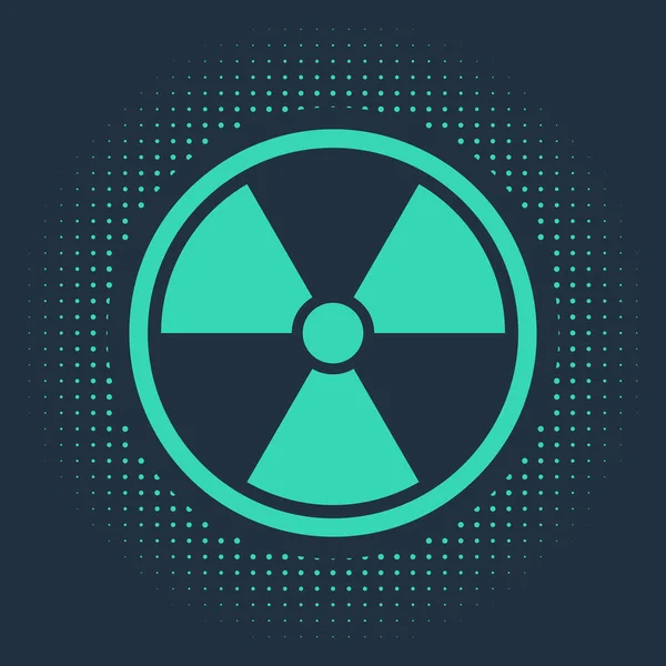 Icono radiactivo verde aislado sobre fondo azul. Símbolo tóxico radiactivo. Señal de peligro de radiación. Puntos aleatorios de círculo abstracto. Ilustración vectorial — Archivo Imágenes Vectoriales