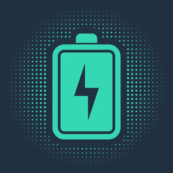 Grünes Batterie-Symbol isoliert auf blauem Hintergrund. Blitz-Symbol. abstrakte Kreis zufällige Punkte. Vektorillustration — Stockvektor