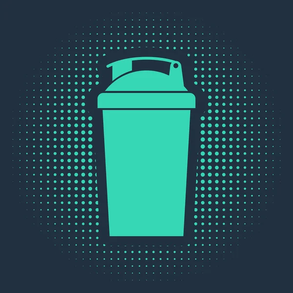 Green Fitness shaker pictogram geïsoleerd op blauwe achtergrond. Sportshaker fles met deksel voor water en proteïne cocktails. Abstracte cirkel willekeurige stippen. Vector Illustratie — Stockvector