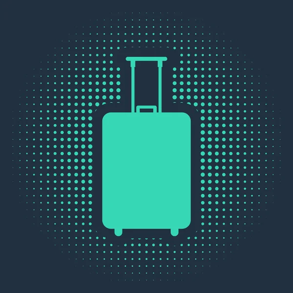 Grünes Reisekoffer-Symbol isoliert auf blauem Hintergrund. Reisegepäckzeichen. Reisegepäcksymbol. abstrakte Kreis zufällige Punkte. Vektorillustration — Stockvektor