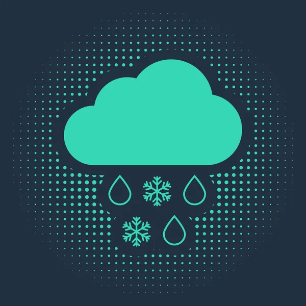 Nuvola verde con icona neve e pioggia isolata su sfondo blu. Icona meteo. Cerchi astratti puntini casuali. Illustrazione vettoriale — Vettoriale Stock