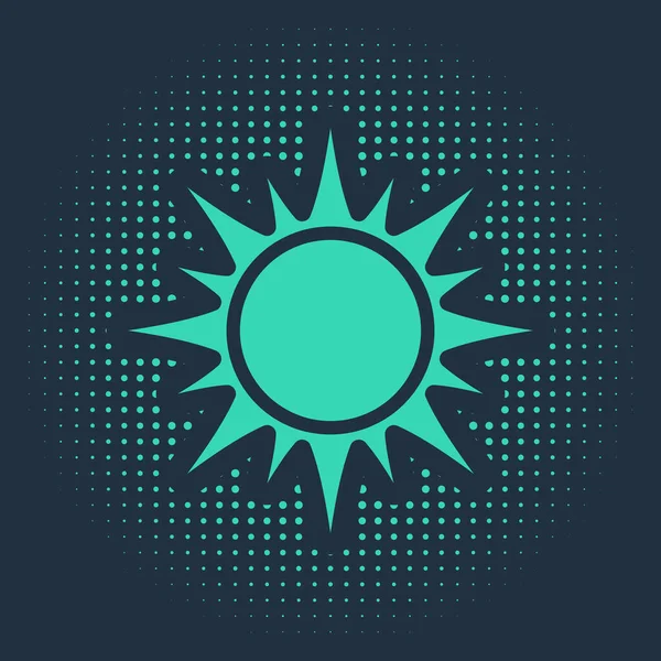 Ícone verde do sol isolado no fundo azul. Pontos aleatórios de círculo abstrato. Ilustração vetorial —  Vetores de Stock
