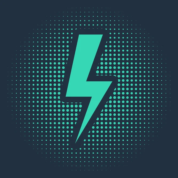 Green Lightning bout pictogram geïsoleerd op blauwe achtergrond. Flash icoon. Laad flash icoon op. Een bliksemschicht. Verlichtingsstaking. Abstracte cirkel willekeurige stippen. Vector Illustratie — Stockvector
