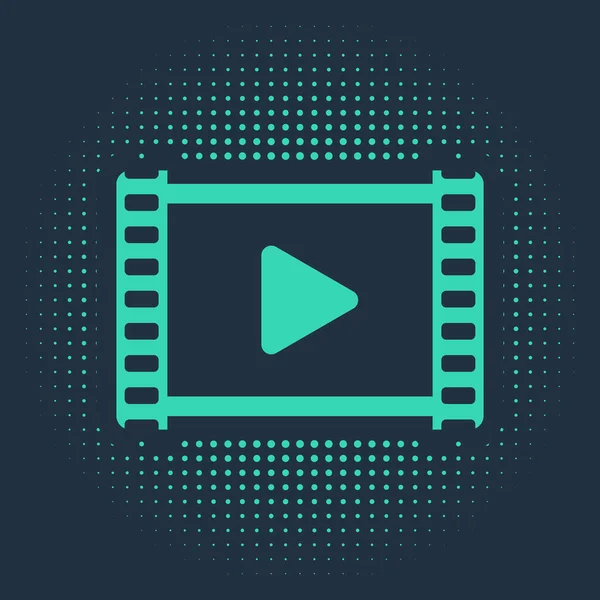 Verde Reproducir icono de vídeo aislado sobre fondo azul. Película de tira con señal de juego. Puntos aleatorios de círculo abstracto. Ilustración vectorial — Vector de stock