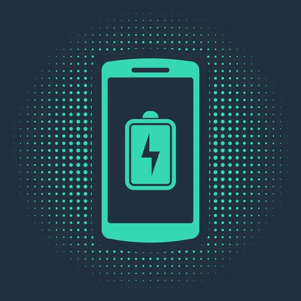 Groene Smartphone batterij opladen pictogram geïsoleerd op blauwe achtergrond. Telefoon met bijna lege batterij. Abstracte cirkel willekeurige stippen. Vector Illustratie — Stockvector