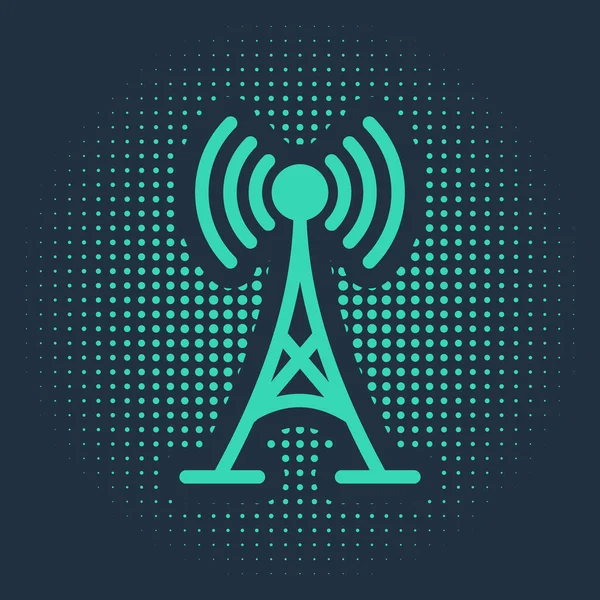 Green Antenna icon isolated on blue background. Radio antenna wireless. Technology and network signal radio antenna. Abstract circle random dots. Vector Illustration — Stock Vector
