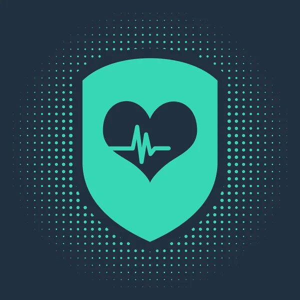 绿色盾牌和心率图标隔离在蓝色背景。 健康保护概念。 保健。 文摘:随机圆点. 病媒图解 — 图库矢量图片