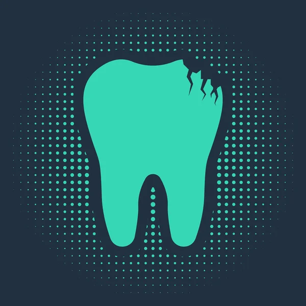 Ikon gigi hijau patah terisolasi pada latar belakang biru. Ikon masalah gigi. Simbol perawatan gigi. Titik-titik acak lingkaran abstrak. Ilustrasi Vektor - Stok Vektor