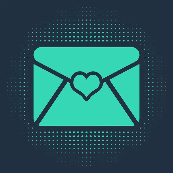 Envelope verde com ícone coração Valentine isolado no fundo azul. Carta de amor e romance. Pontos aleatórios de círculo abstrato. Ilustração vetorial —  Vetores de Stock