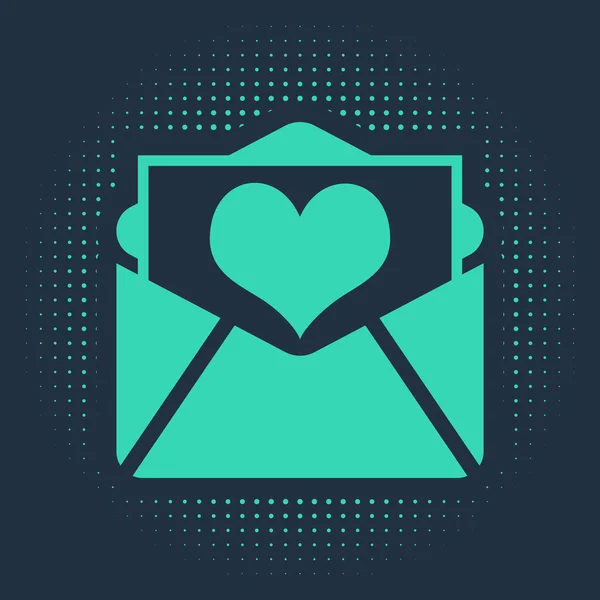 녹색 봉투에 발렌타인 하트 아이콘 이 파란색 배경에 분리되어 있습니다. 편지 사랑 과 로맨스. 추상적 인 원 임의의 점들 입니다. 벡터 일러스트 — 스톡 벡터