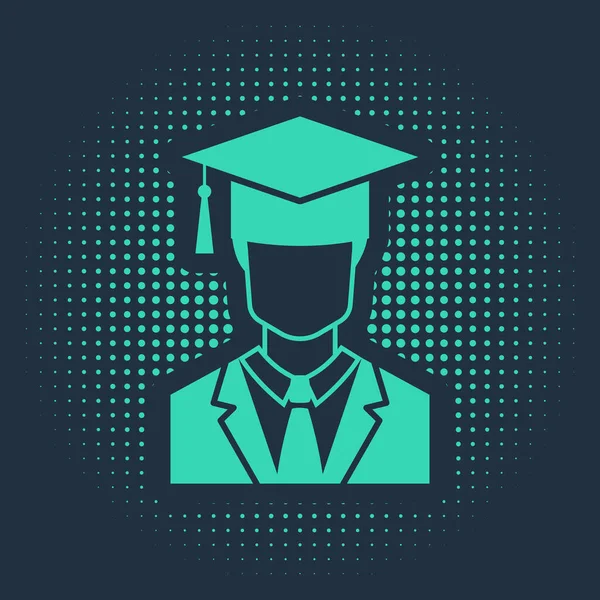 Perfil de estudante de pós-graduação masculino verde com vestido e ícone de boné de formatura isolado no fundo azul. Pontos aleatórios de círculo abstrato. Ilustração vetorial — Vetor de Stock