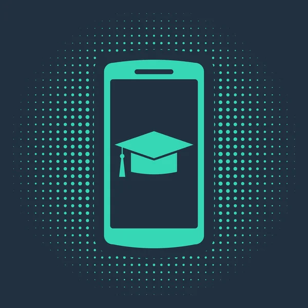 Zielona czapka Graduation na ekranie ikony smartfona izolowane na niebieskim tle. Koncepcja uczenia się online lub e-learningu. Abstrakcyjne kółko przypadkowych kropek. Ilustracja wektora — Wektor stockowy