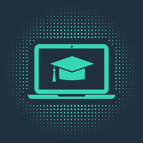 Tapa de graduación verde en la pantalla icono portátil aislado sobre fondo azul. Concepto de aprendizaje en línea o aprendizaje electrónico. Puntos aleatorios de círculo abstracto. Ilustración vectorial — Vector de stock
