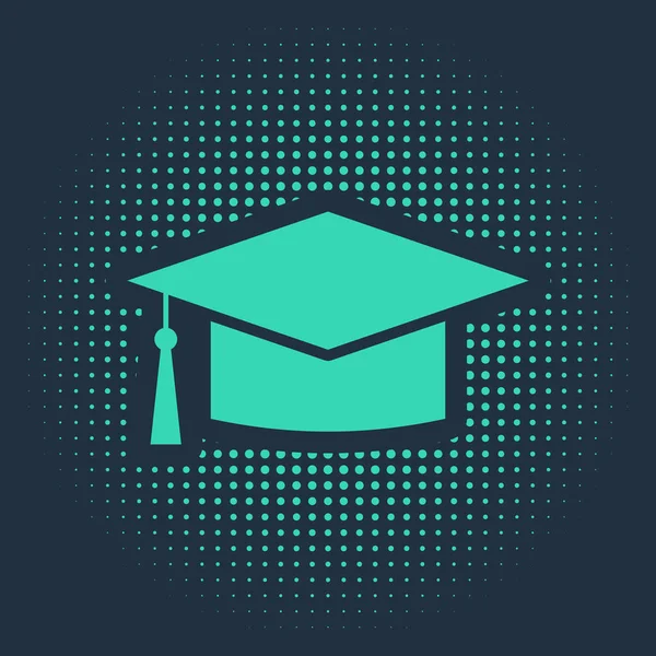 Green Graduation cap pictogram geïsoleerd op blauwe achtergrond. Afstudeerhoed met kwastje icoon. Abstracte cirkel willekeurige stippen. Vector Illustratie — Stockvector