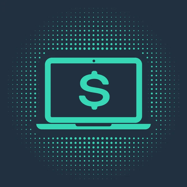 Laptop verde con símbolo de dólar icono aislado sobre fondo azul. Concepto de compras online. Concepto económico. Puntos aleatorios de círculo abstracto. Ilustración vectorial — Archivo Imágenes Vectoriales