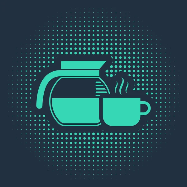 Cafetera verde con icono de taza aislado sobre fondo azul. Puntos aleatorios de círculo abstracto. Ilustración vectorial — Vector de stock