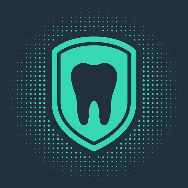 Mavi arkaplanda yeşil diş koruma simgesi izole edildi. Kalkan logosu üzerinde diş. Soyut çember rastgele noktalar. Vektör İllüstrasyonu — Stok Vektör