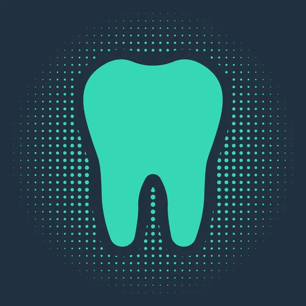 Zielony ząb ikona odizolowany na niebieskim tle. Symbol zęba dla kliniki stomatologicznej lub stomatologicznego centrum medycznego i pakiet pasty do zębów. Abstrakcyjne kółko przypadkowych kropek. Ilustracja wektora — Wektor stockowy