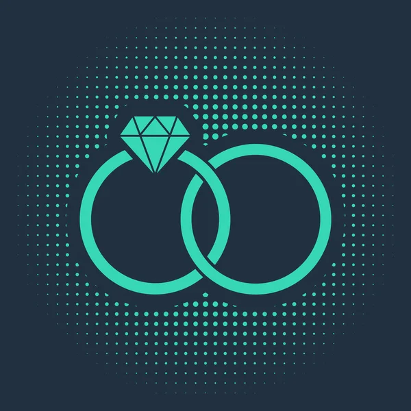 Πράσινο δαχτυλίδι γάμου εικονίδιο απομονώνονται σε μπλε φόντο. Σημάδι για κοσμήματα νύφης και γαμπρού. Εικόνα γάμου. Διαμαντένιο δαχτυλίδι. Αφηρημένες τυχαίες τελείες. Εικονογράφηση διανύσματος — Διανυσματικό Αρχείο