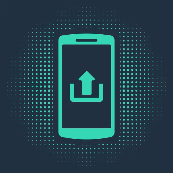 Smartphone vert avec icône de téléchargement isolé sur fond bleu. Cercle abstrait points aléatoires. Illustration vectorielle — Image vectorielle