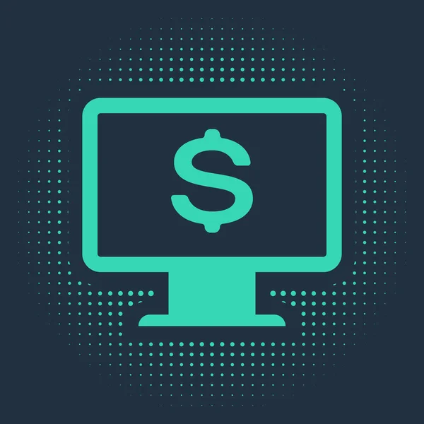 Monitor de ordenador verde con icono de dólar aislado sobre fondo azul. Internet concepto de seguridad financiera, protección de las finanzas en línea. Puntos aleatorios de círculo abstracto. Ilustración vectorial — Archivo Imágenes Vectoriales