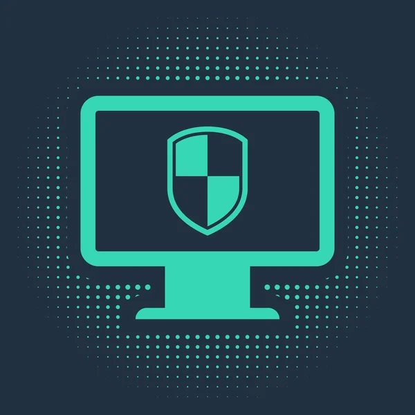 Green Monitor και ασπίδα εικονίδιο απομονώνονται σε μπλε φόντο. Ασφάλεια υπολογιστών, τεχνολογία τείχους προστασίας, ασφάλεια ιδιωτικότητας Διαδικτύου ή antivirus. Αφηρημένες τυχαίες τελείες. Εικονογράφηση διανύσματος — Διανυσματικό Αρχείο