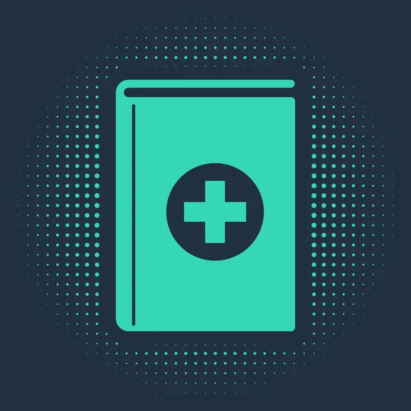 Icono de libro médico verde aislado sobre fondo azul. Puntos aleatorios de círculo abstracto. Ilustración vectorial — Vector de stock