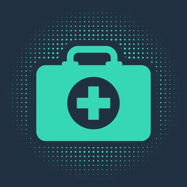 녹색 응급 키트 아이콘은 파란색 배경에 분리되어 있습니다. 십자가가 있는 의료 상자. 응급 의료 장비. 건강 관리 개념. 추상적 인 원 임의의 점들. 사기적 인 예 — 스톡 벡터