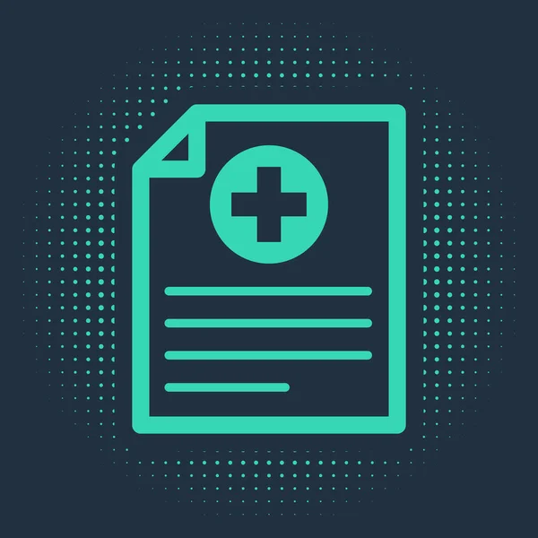 Grön medicinsk urklipp med klinisk journal ikon isolerad på blå bakgrund. Sjukförsäkringsformulär. Recept, läkarundersökning rapport. Abstrakt cirkel slumpmässiga prickar. Vektor Illustration — Stock vektor