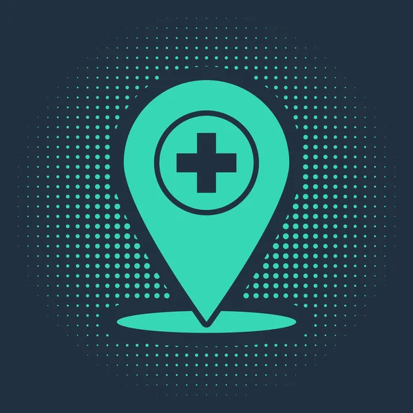 Zöld orvosi térkép mutató kereszt kórház ikon elszigetelt kék alapon. Absztrakt kör véletlenszerű pontok. Vektorillusztráció — Stock Vector