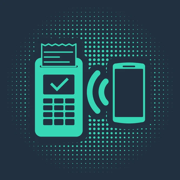 Green Pos terminal met geprinte ontvangst en bevestigt de betaling via smartphone pictogram geïsoleerd op blauwe achtergrond. Nfc betaalconcept. Abstracte cirkel willekeurige stippen. Vector Illustratie — Stockvector