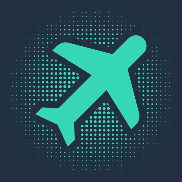 Icona dell'aereo verde isolata su sfondo blu. Icona dell'aereo volante. Segnaletica aerea. Cerchi astratti puntini casuali. Illustrazione vettoriale — Vettoriale Stock