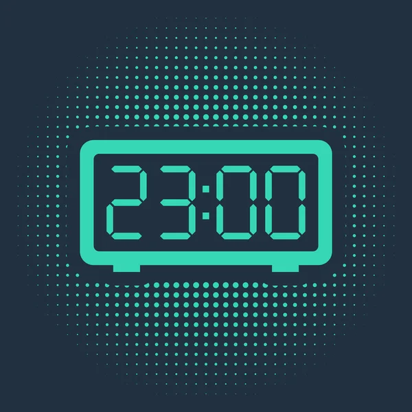 Green Digital Wecker Symbol isoliert auf blauem Hintergrund. Elektronische Uhr Wecker. Zeitzeichen. Abstrakte Kreis zufällige Punkte. Vektorillustration — Stockvektor