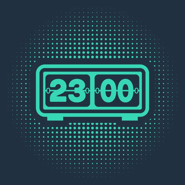 Green Retro flip clock icoon geïsoleerd op blauwe achtergrond. Wandflap klok, nummerteller sjabloon, alle cijfers met flips. Abstracte cirkel willekeurige stippen. Vector Illustratie — Stockvector