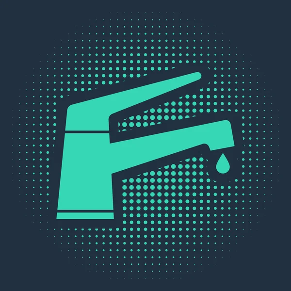 Zöld Víz csap egy vízcsepp ikon elszigetelt kék háttérrel. Absztrakt kör véletlenszerű pontok. Vektorillusztráció — Stock Vector