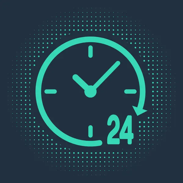 Relógio Verde 24 horas ícone isolado no fundo azul. Ícone cíclico o dia todo. 24 horas de símbolo de serviço. Pontos aleatórios de círculo abstrato. Ilustração vetorial — Vetor de Stock