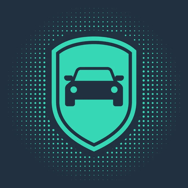 Green Car icono de protección o seguro aislado sobre fondo azul. Protege el escudo del coche. Icono del vehículo insignia de seguridad. Etiqueta de seguridad automática. Puntos aleatorios de círculo abstracto. Ilustración vectorial — Archivo Imágenes Vectoriales