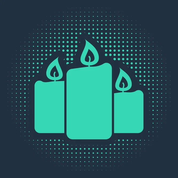 Πράσινο κερί καύση εικονίδιο απομονώνονται σε μπλε φόντο. Παλιομοδίτικα κεριά. Κυλινδρικό αρωματικό κερί κολλάει με φλόγες που καίγονται. Αφηρημένες τυχαίες τελείες. Εικονογράφηση διανύσματος — Διανυσματικό Αρχείο