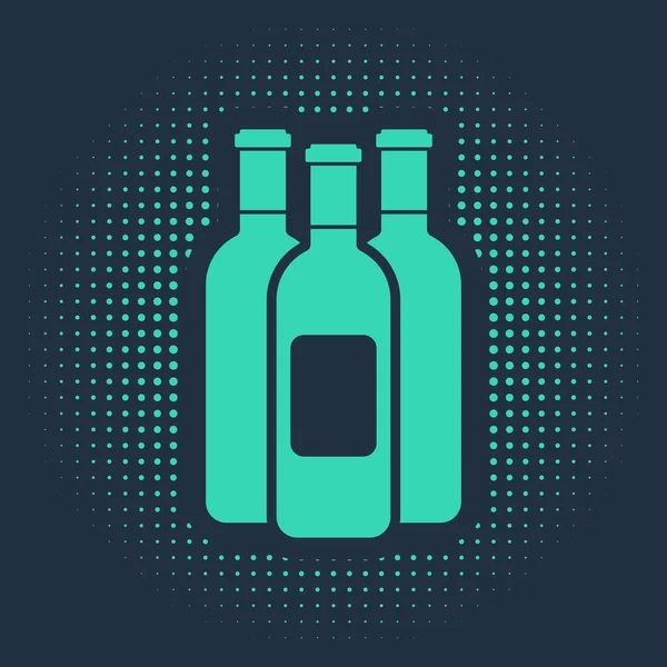 Bottiglie verdi di icona del vino isolate su sfondo blu. Cerchi astratti puntini casuali. Illustrazione vettoriale — Vettoriale Stock