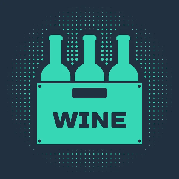 Groene flessen wijn in een houten doos pictogram geïsoleerd op blauwe achtergrond. Wijnflessen in een houten krat icoon. Abstracte cirkel willekeurige stippen. Vector Illustratie — Stockvector