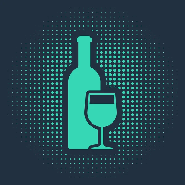 Garrafa de vinho verde com ícone de vidro de vinho isolado no fundo azul. Pontos aleatórios de círculo abstrato. Ilustração vetorial —  Vetores de Stock