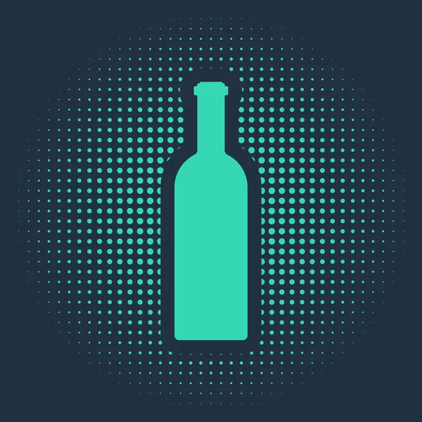 Garrafa verde de ícone de vinho isolado no fundo azul. Pontos aleatórios de círculo abstrato. Ilustração vetorial — Vetor de Stock