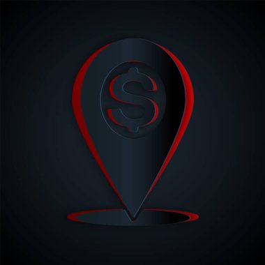 Paper cut Cash location pin icon isolated on black background. Pointer and dollar symbol. Money location icon. Business and investment concept. Paper art style. Vector Illustration