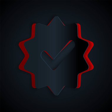 Kağıt kesiği, siyah arka planda izole edilmiş kurdeleli veya onaylı madalya ve işaret simgesi. Kağıt sanatı tarzı. Vektör İllüstrasyonu