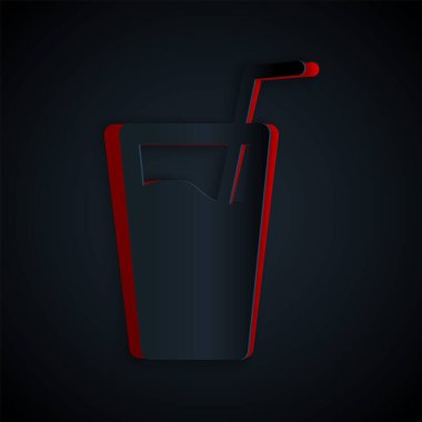Kağıt, siyah arka planda izole edilmiş içme ikonu için su ve tüp ile cam kesti. Soda bardağı. Kağıt sanatı tarzı. Vektör İllüstrasyonu